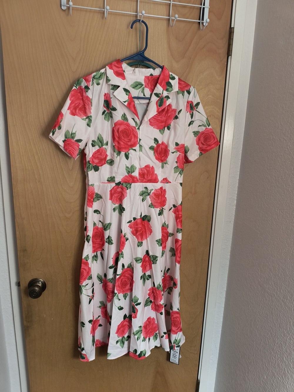 Pink Rose Print Collared Midi Dress